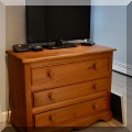 F46. Quebec Pine three drawer chest. 31”h x 39”w x 19”d 